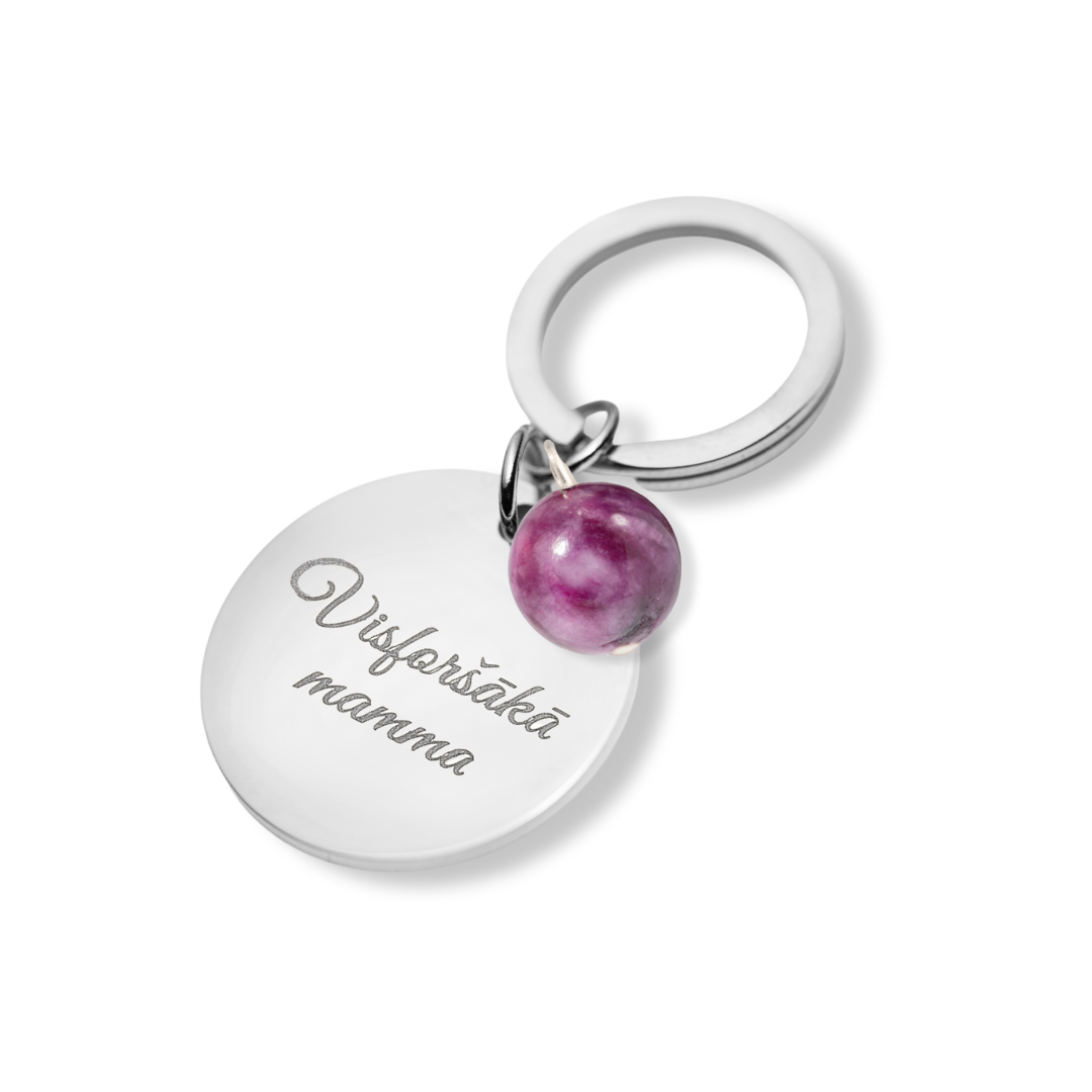 Keychain with personalized engraved locket and natural stone