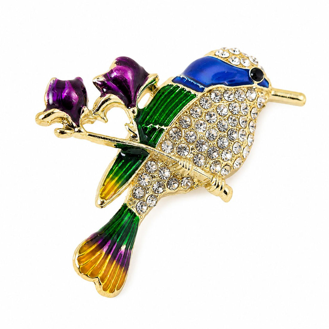 Roku darbs piespraude ar kolibri putniņu un mirdzošiem kristāliem elegantā dizainā.