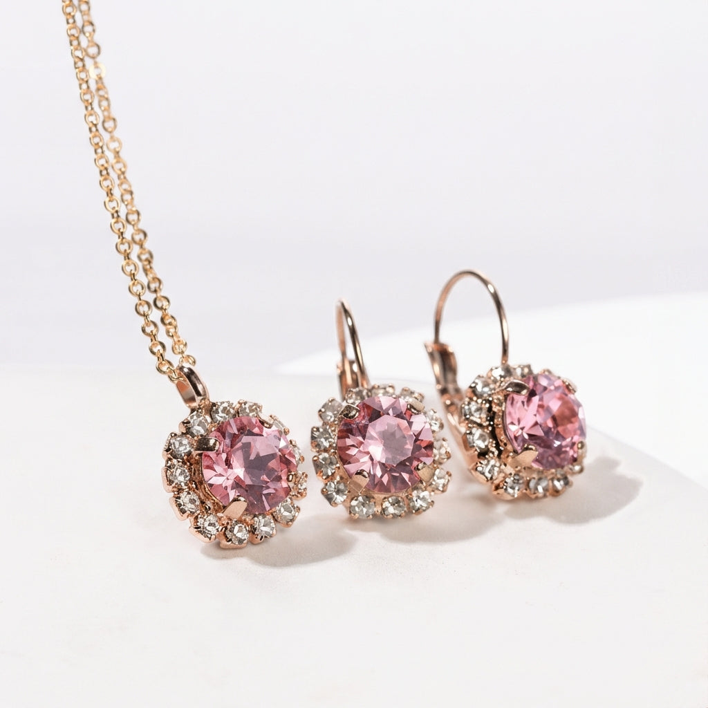 klasiskā stila rotu komplekts ar kristāliem light rose