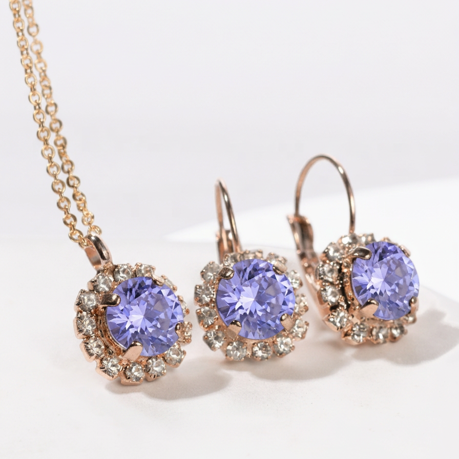 klasiskā stila rotu komplekts ar kristāliem tanzanite