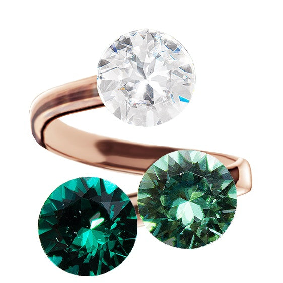 Rosegold  gredzens ar erinite, caurspīdīgu un emeralda kristālu
