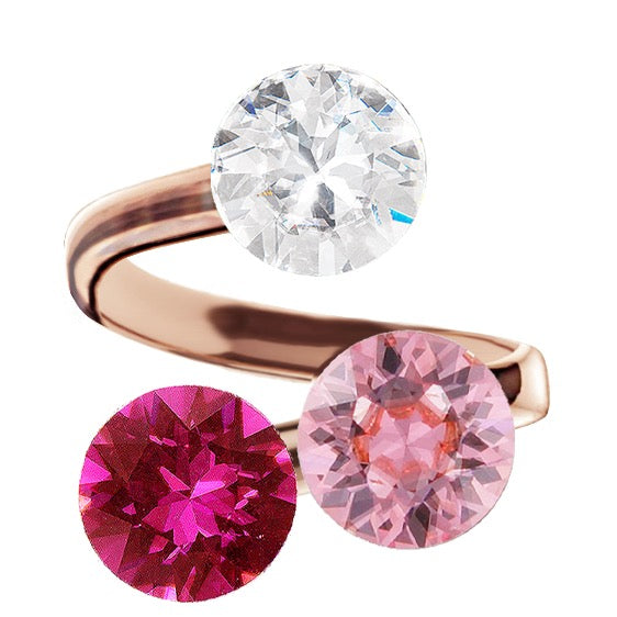 Rosegold  gredzens ar gaiši rozā, caurspīdīgu un fuksijas kristālu