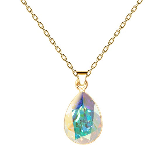Klasiska Swarovski apzeltīta lāses kaklarota ar zaļgani dzeltenās krāsas kristālu